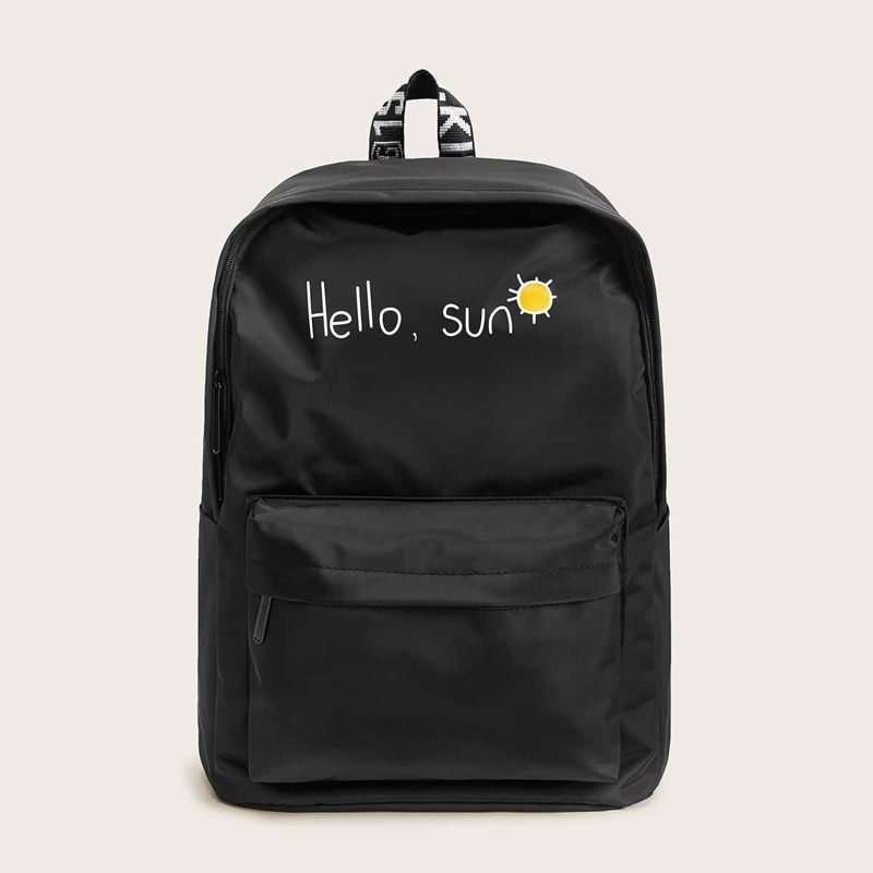 

Slogan Print Pocket Front Backpack, Black