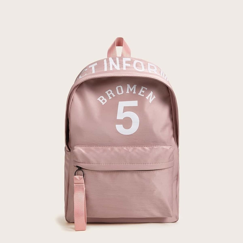 

Letter Print Pocket Front Backpack, Pink
