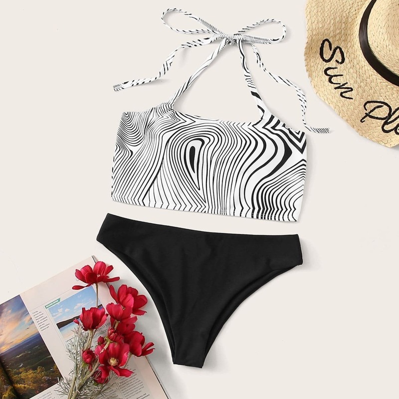 

Marble Print Self Tie Bikini Set, Black and white