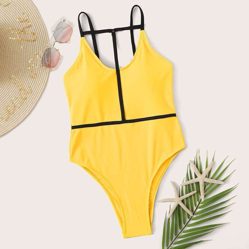 

Contrast Straps Harness One Piece Swimwear, Yellow bright