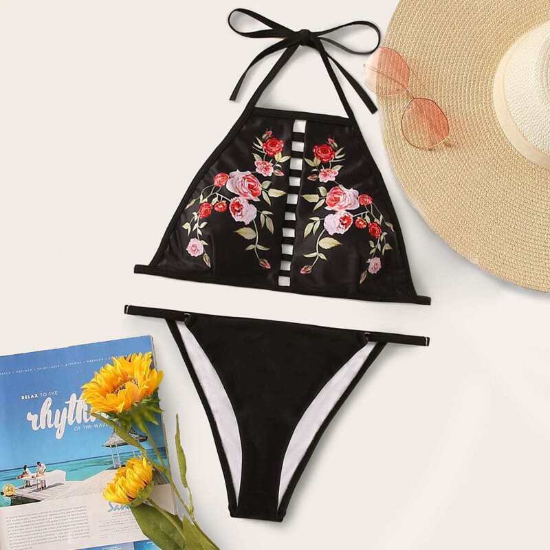 

Floral Ladder Cut Out Halter Bikini Set, Multicolor