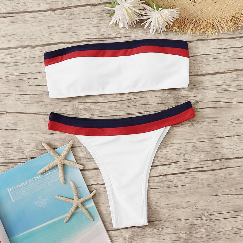 

Contrast Binding Bandeau With Tanga Bikini Set, Multicolor