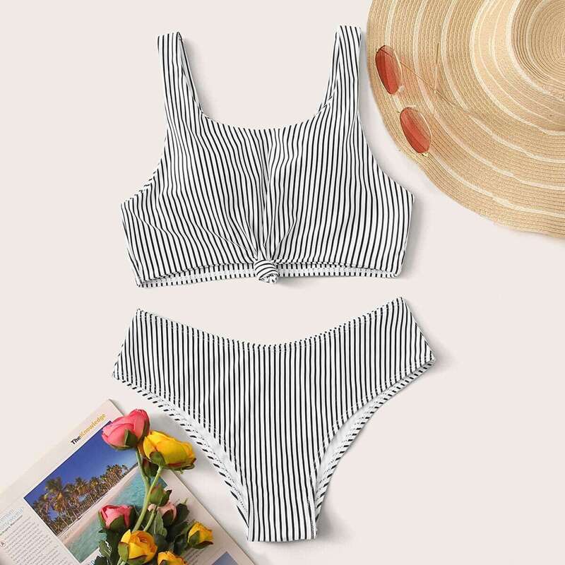 

Striped Knot Front Top With High Cut Bikini, Black and white