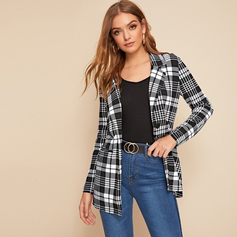 

Single Buttoned Notched Collar Plaid Blazer, Black and white