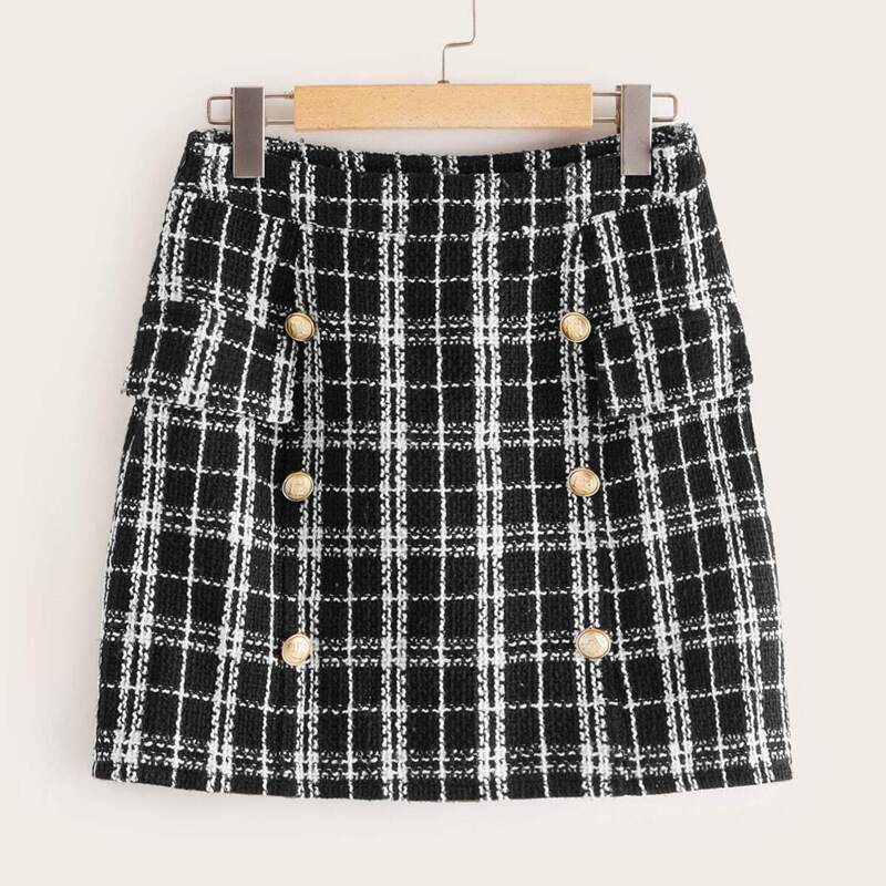 

Double Breasted Plaid Tweed Skirt, Black and white