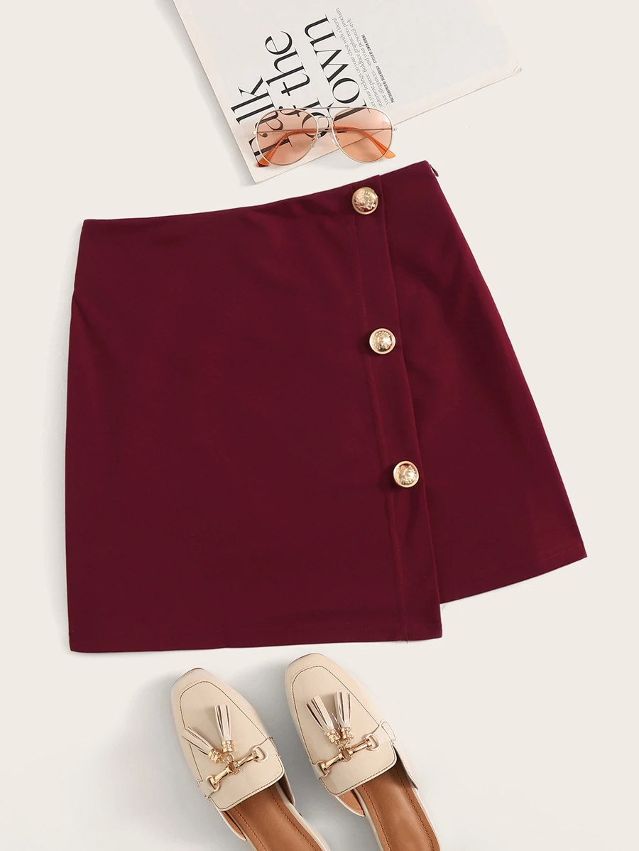 SHEIN Privé Falda cruzada con cremallera lateral con botón delantero - Burdeos - Ver 1