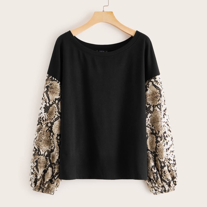 

Drop Shoulder Contrast Snakeskin Print Sleeve Pullover, Multicolor