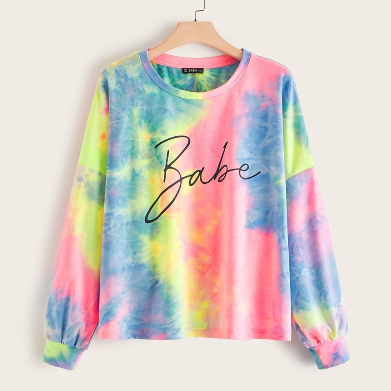 

Plus Letter & Tie Dye Print Sweatshirt, Multicolor