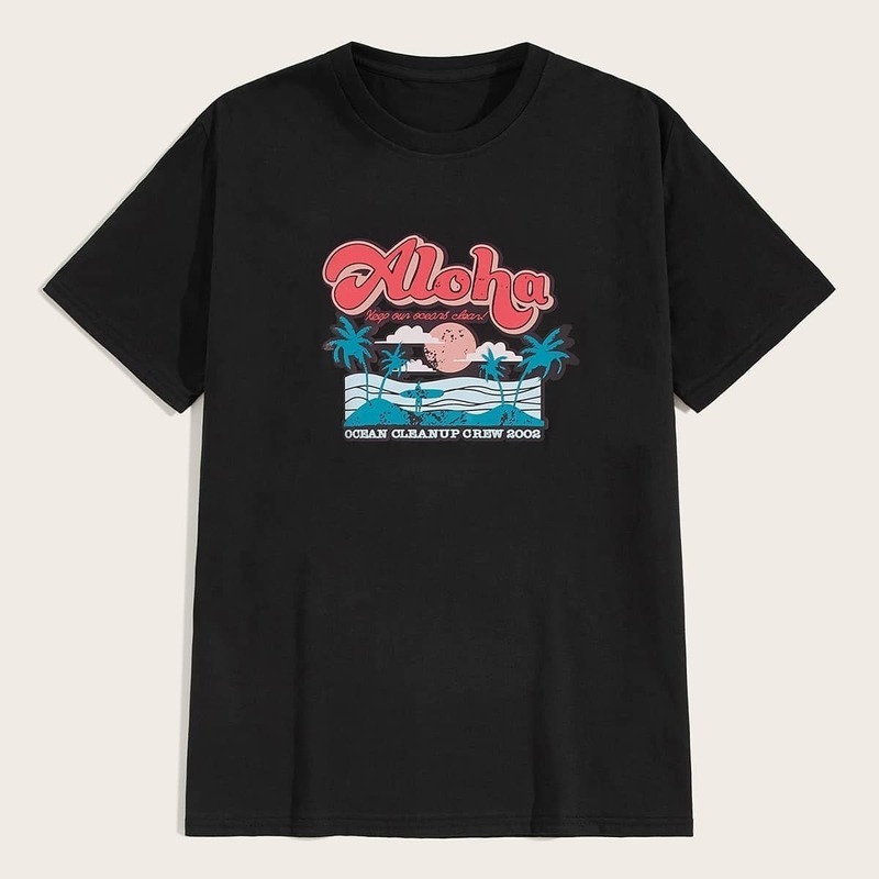 

Guys Letter & Tropical Print Tee, Black