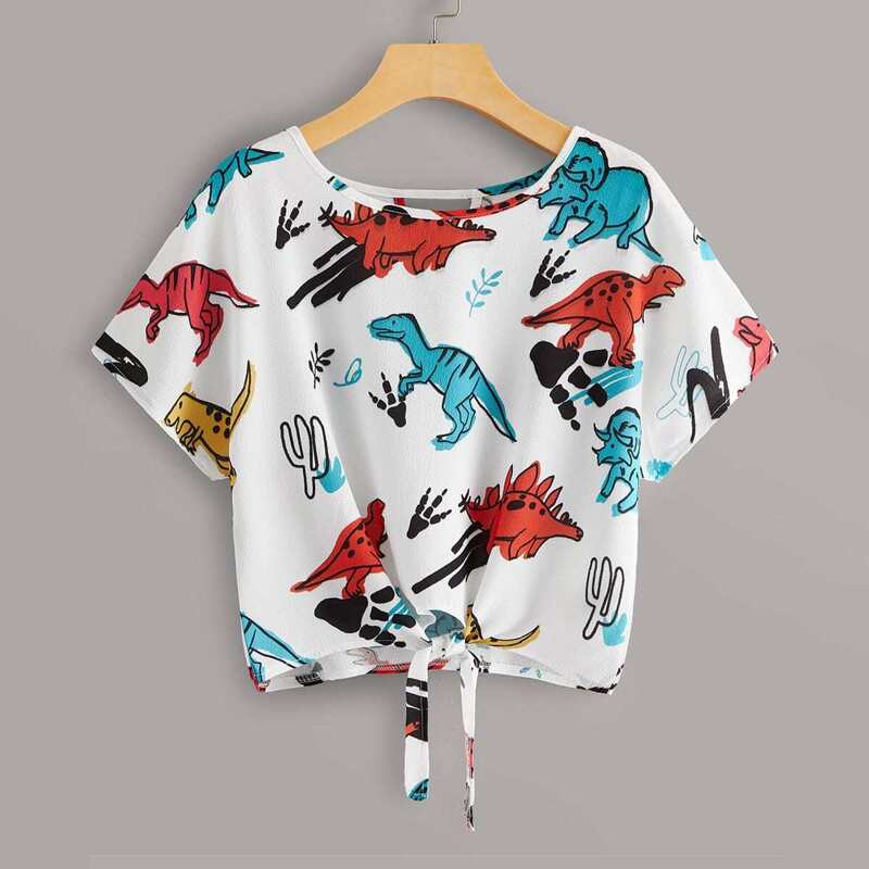 

Dinosaur Print Knot Hem Cut Out Back Blouse, Multicolor