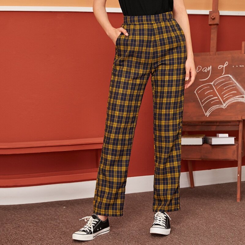 

Tartan Print Pocket Side Straight Leg Pants, Multicolor