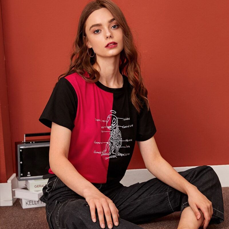 

Dragon Skeleton Print Two Tone Tee, Multicolor