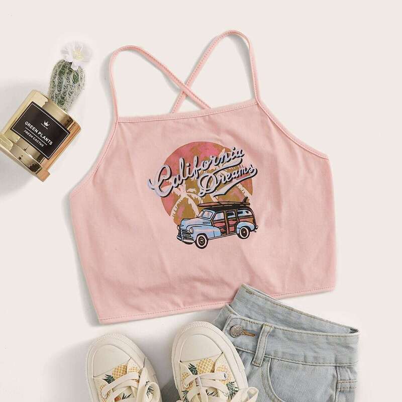 

Letter & Car Print Criss Cross Back Cami Top, Pink