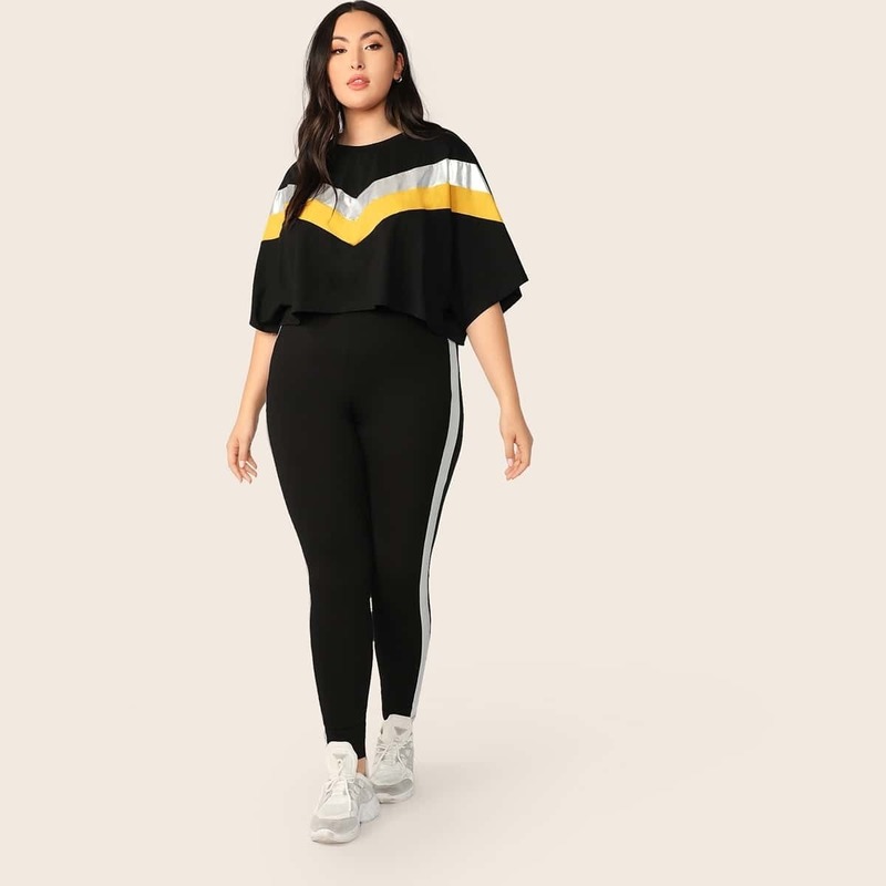 

Plus Contrast Chevron Top & Striped Side Leggings Set, Black