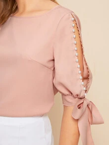 SHEIN Privé Faux Pearl Self-Tie Split Sleeve Top - Pink - View 5