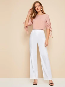 SHEIN Privé Faux Pearl Self-Tie Split Sleeve Top - Pink - View 3