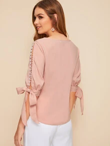 SHEIN Privé Faux Pearl Self-Tie Split Sleeve Top - Pink - View 2