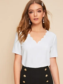 SHEIN Solid Scallop Trim Top - White - View 1