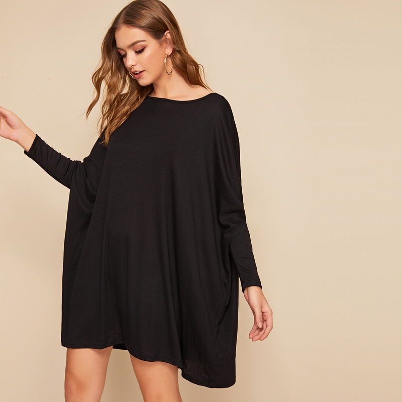 

Solid Dolman Sleeve Oversized Dress, Black
