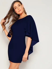 SHEIN Vestido ajustado de manga asimétrica de espalda abierta - Azul Marino - Ver 3