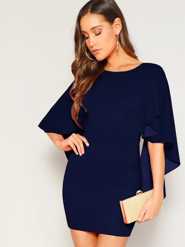 black asymmetric sleeve embroidered bodycon dress