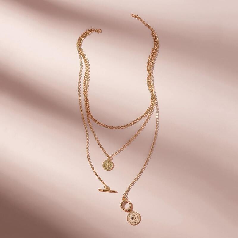 

Coin & Bar Charm Layered Necklace 1pc, Gold