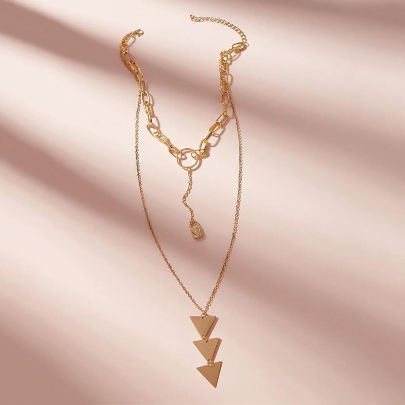 

Tiered Triangle & Lock Charm Layered Necklace 1pc, Gold