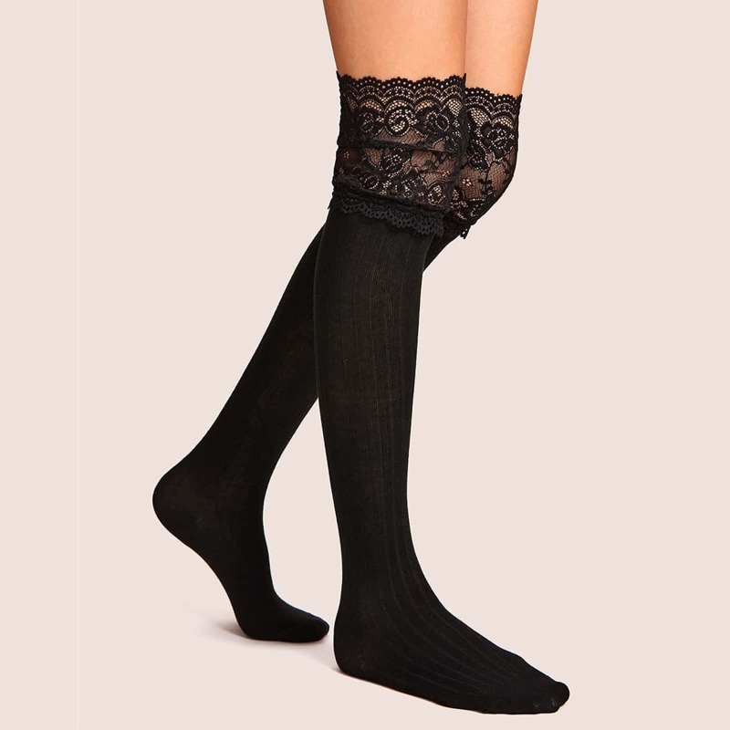 

Lace Trim Knee Length Socks 1pair, Black