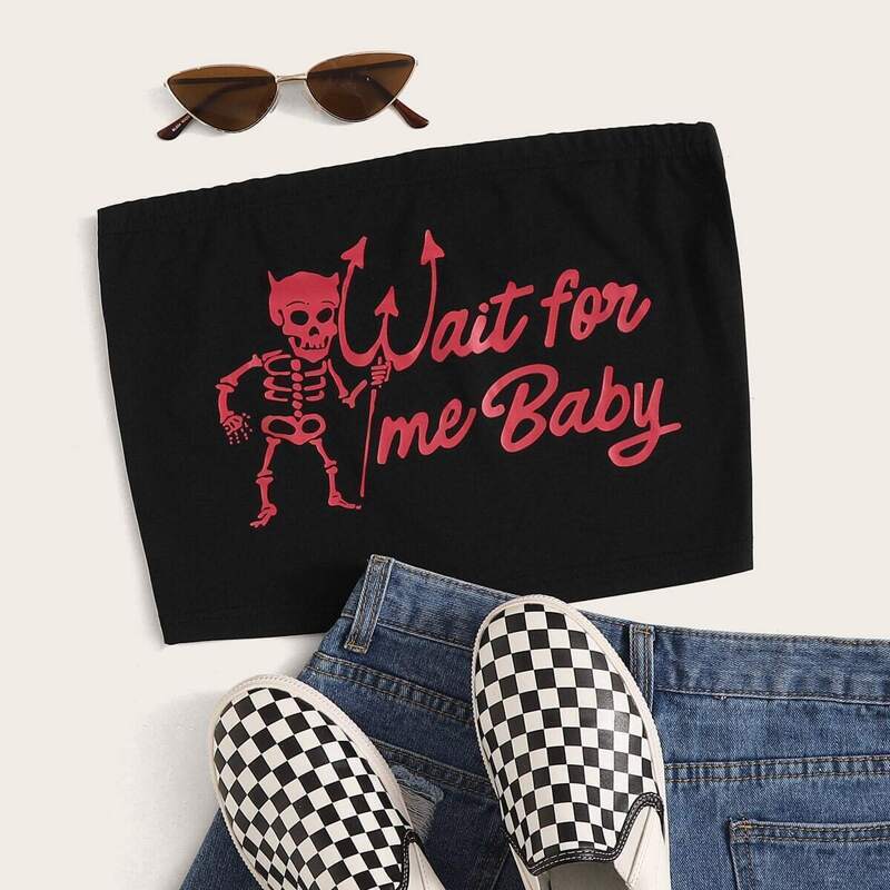 

Letter & Skull Print Tube Top, Black