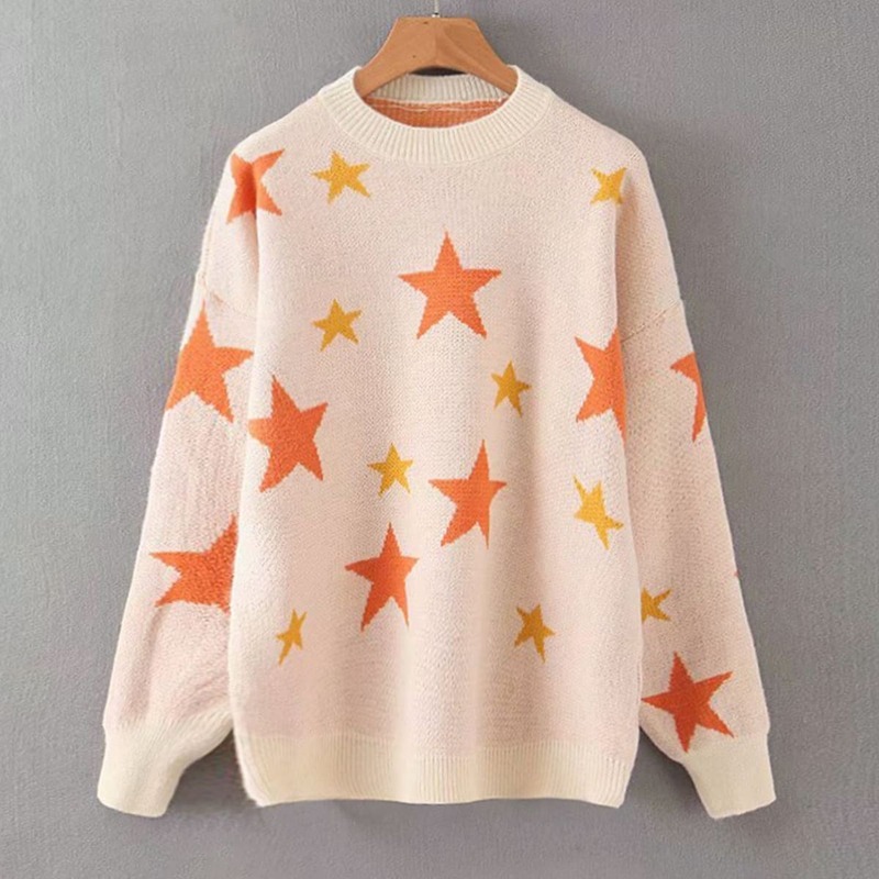 

Stars Print Dropped Shoulder Sweater, Beige