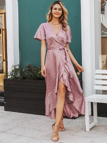 Simplee Leopard Asymmetrical Ruffle Hem Wrap Belted Satin Dress - Dusty Pink - View 4