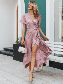 Simplee Leopard Asymmetrical Ruffle Hem Wrap Belted Satin Dress - Dusty Pink - View 5