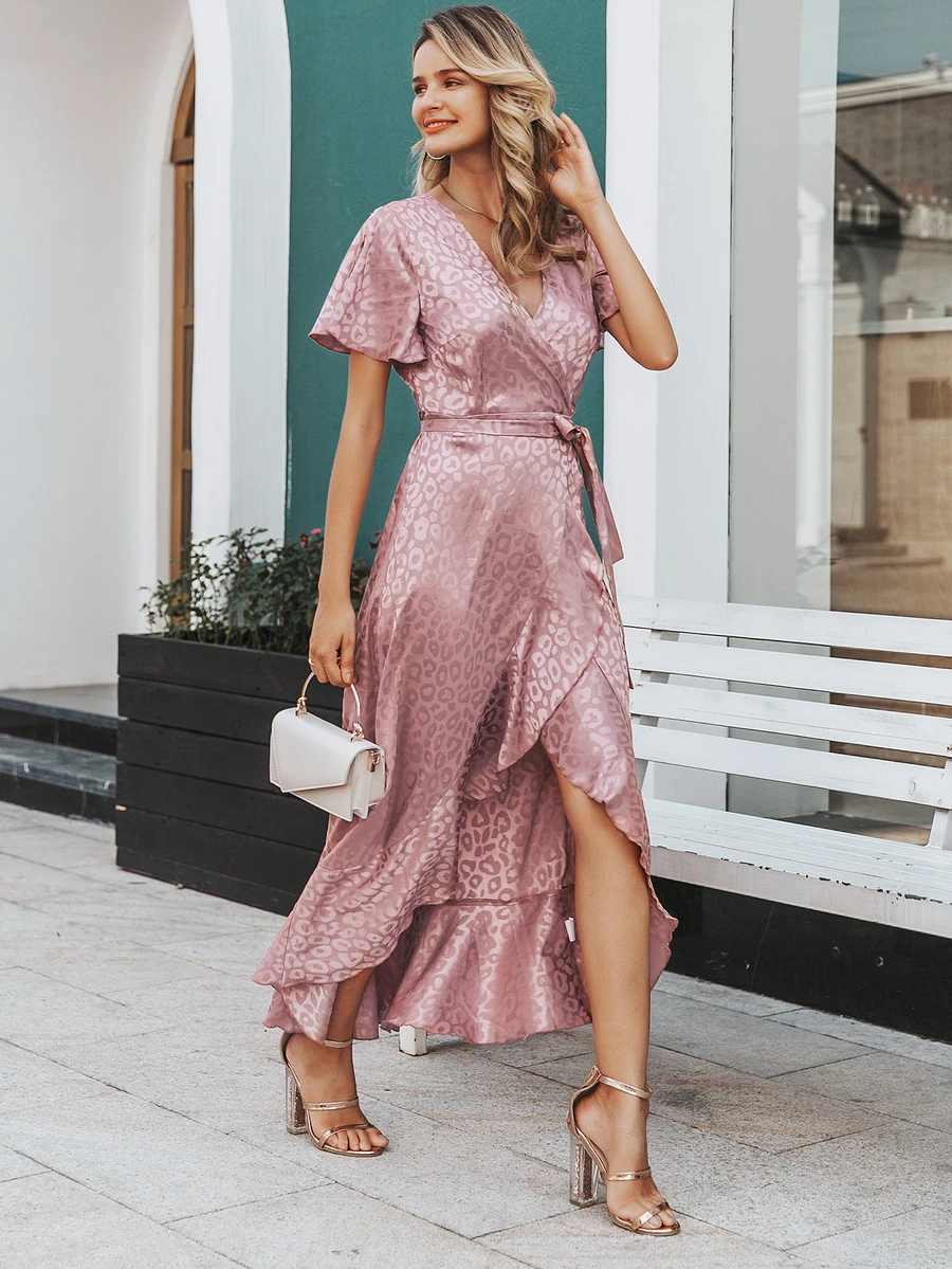 Simplee Leopard Asymmetrical Ruffle Hem Wrap Belted Satin Dress - Dusty Pink - View 1