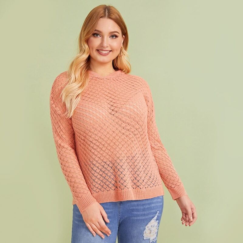 

Plus Drop Shoulder Hooded Sheer Sweater, Pink pastel