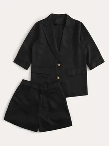 Single Breasted Solid Blazer & Shorts - Black - View 3