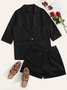 Single Breasted Solid Blazer & Shorts - Black - View 1