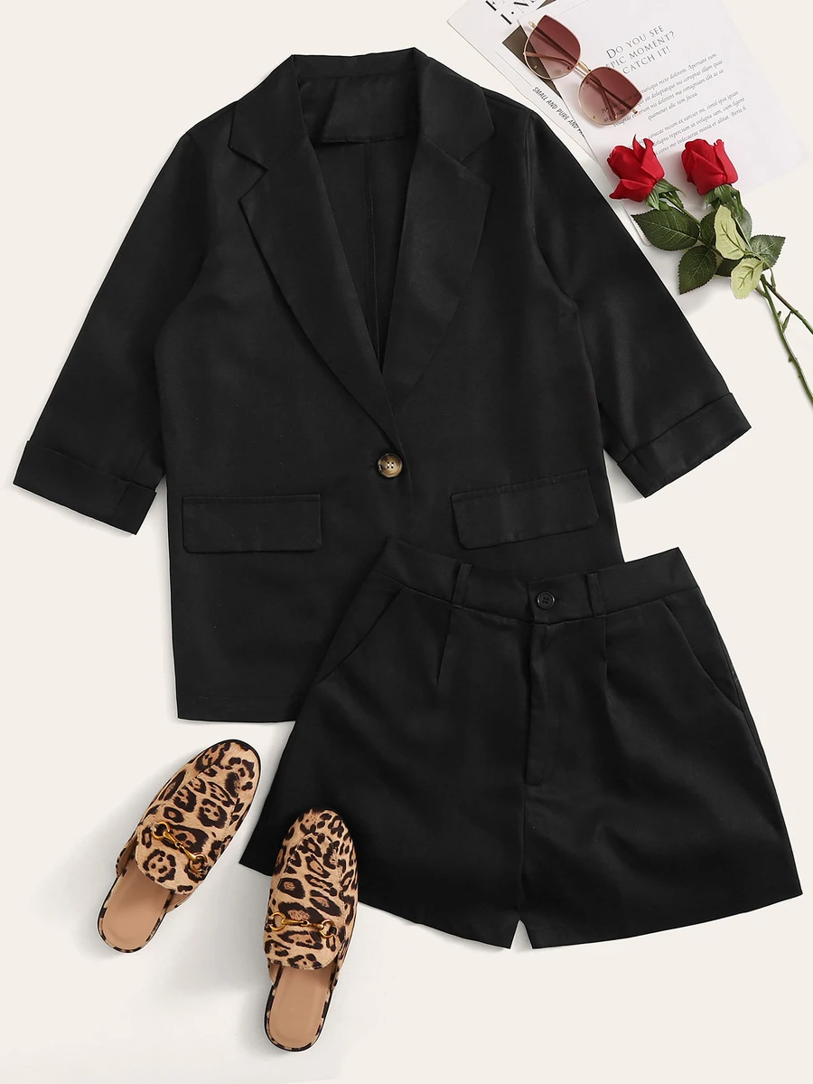 Single Breasted Solid Blazer & Shorts - Black - View 1