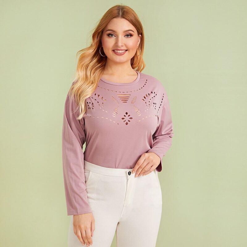 

Plus Laser Cut Round Neck Blouse, Pink