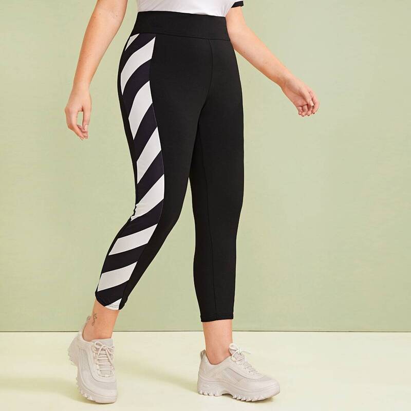 

Plus Contrast Striped Side High Waist Leggings, Black