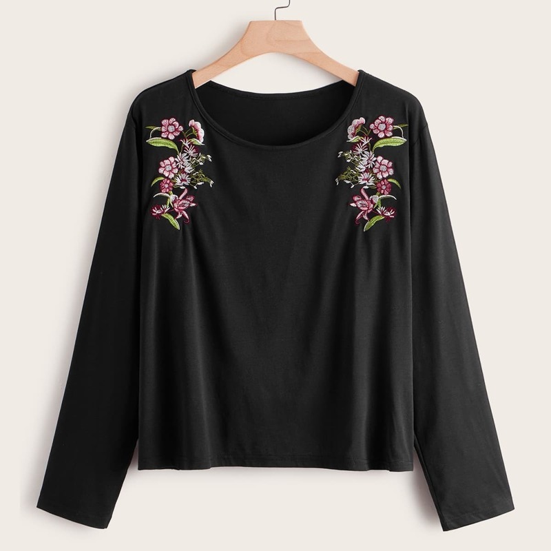 

Plus Floral Embroidery Long Sleeve Tee, Black