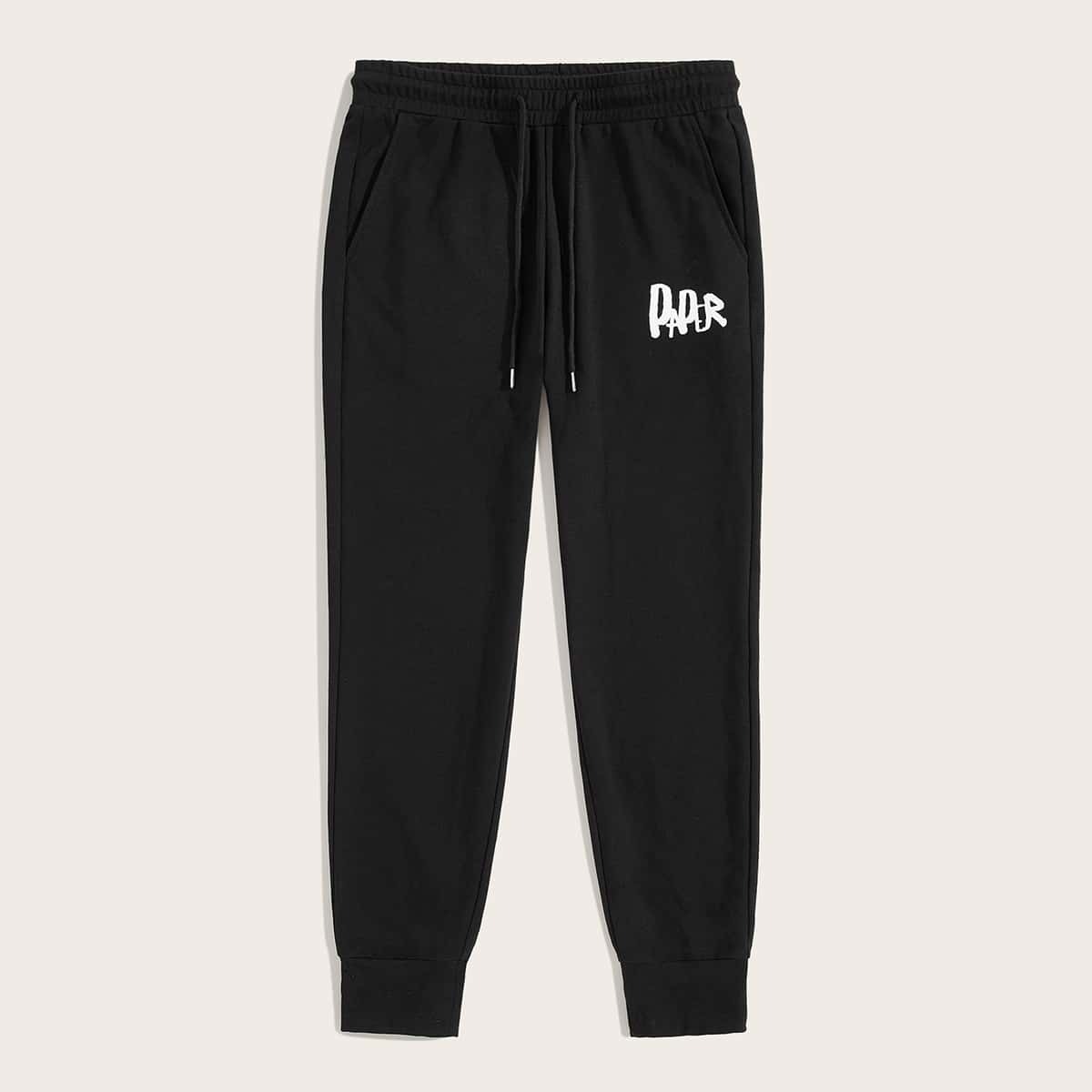 

Guys Letter Print Drawstring Waist Sweatpants, Black