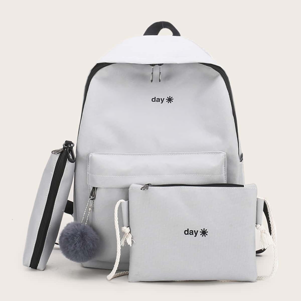 

Pom Pom Decor Backpack With Pencil Case 3pcs, Grey