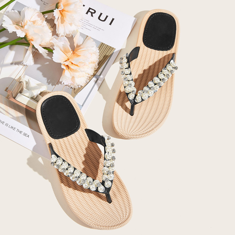 

Faux Pearl Decor Flip Flops, Khaki