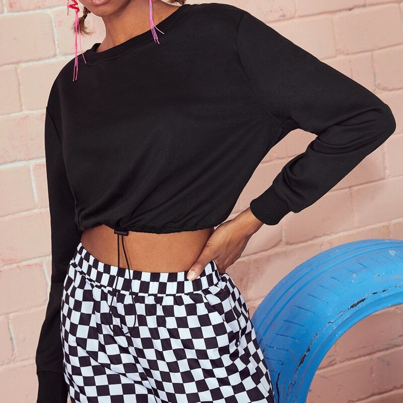 

Drawstring Hem Solid Crop Sweatshirt, Black