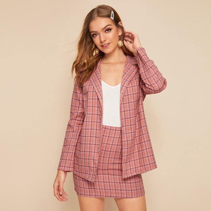 

Lapel Neck Plaid Blazer & Bodycon Skirt, Pink