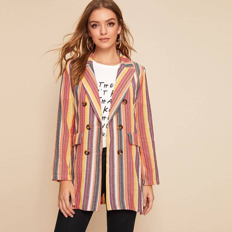 

Lapel Double Button Rainbow Striped Blazer, Multicolor