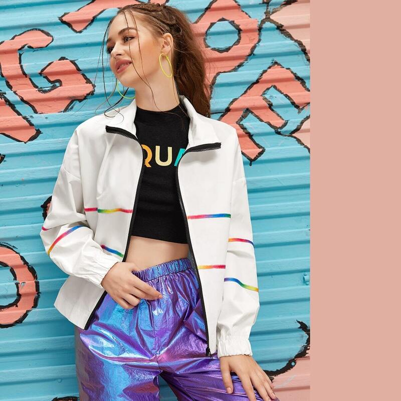

Contrast Ombre Tape Zipper Fly Jacket, White