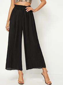 Pantalones anchos fruncido de cintura elástica - Negro - Ver 5