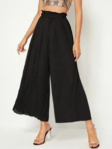 Pantalones anchos fruncido de cintura elástica - Negro - Ver 4