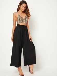 Pantalones anchos fruncido de cintura elástica - Negro - Ver 3